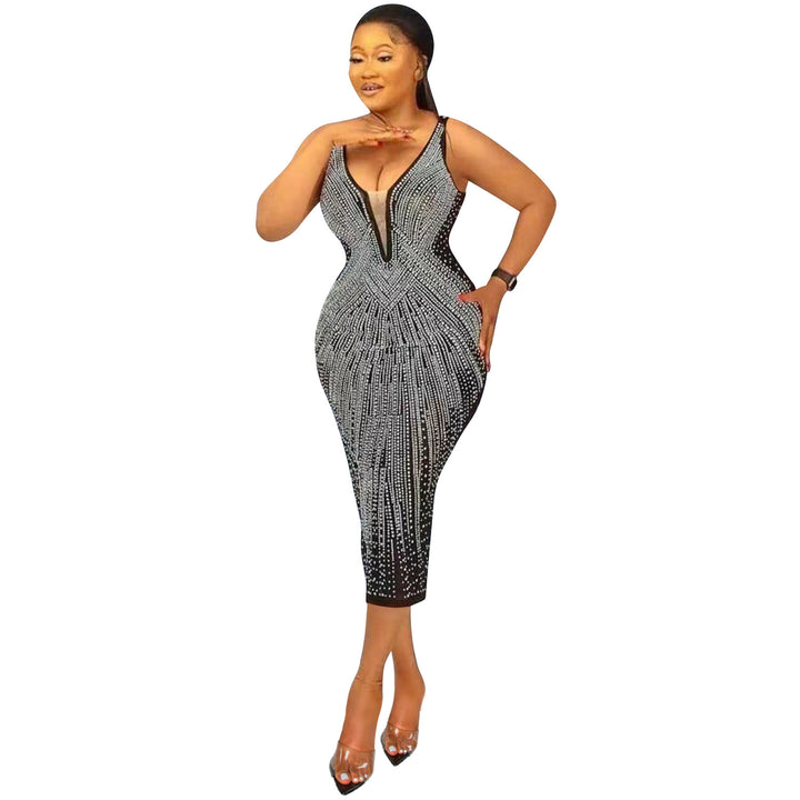 Womens Fashion tight v neck sleeveless sparkle rhinestone dress plus size maxi