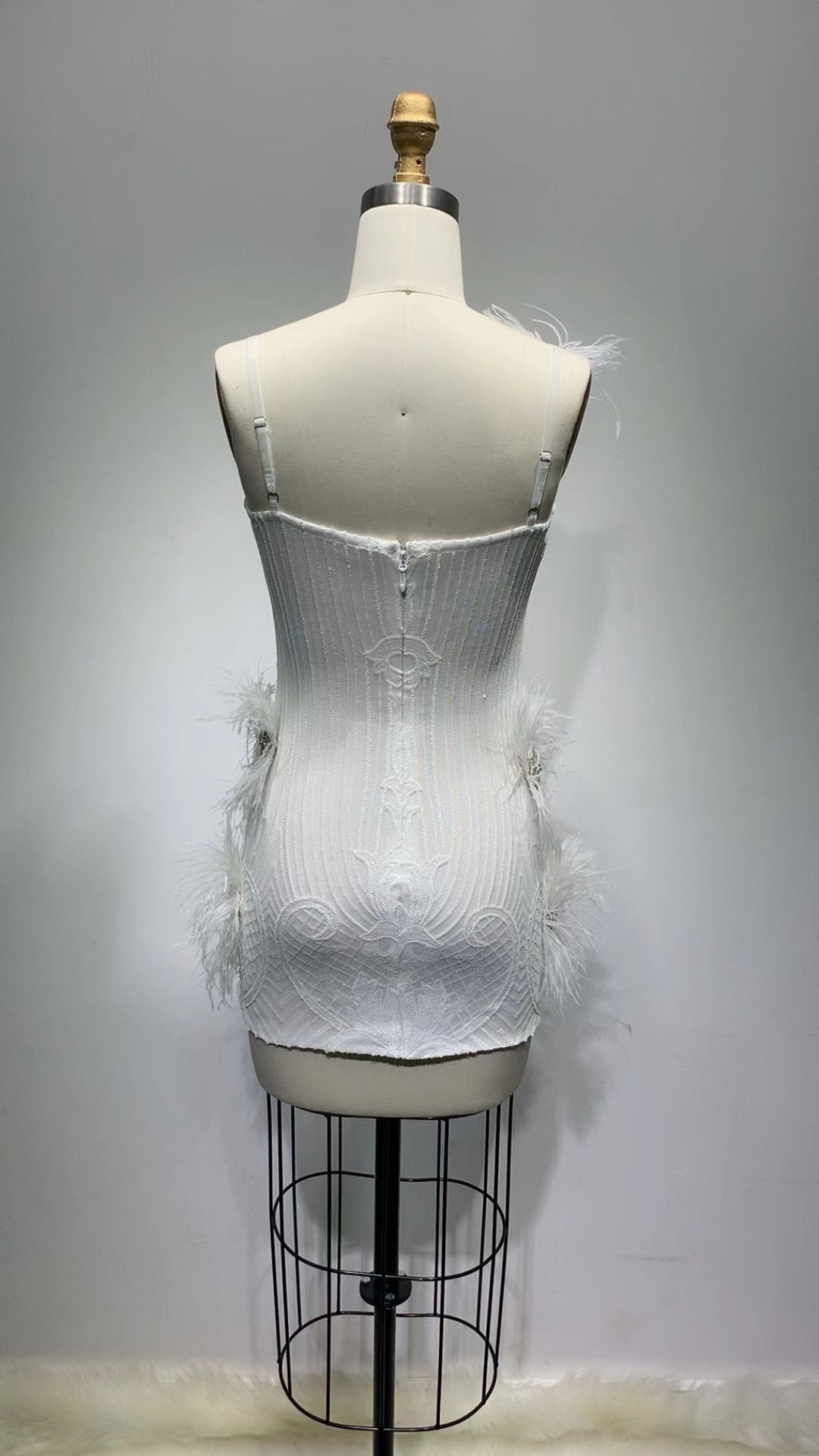 Womens dress spaghetti strap feathers embroidered rhinestone sequin mini