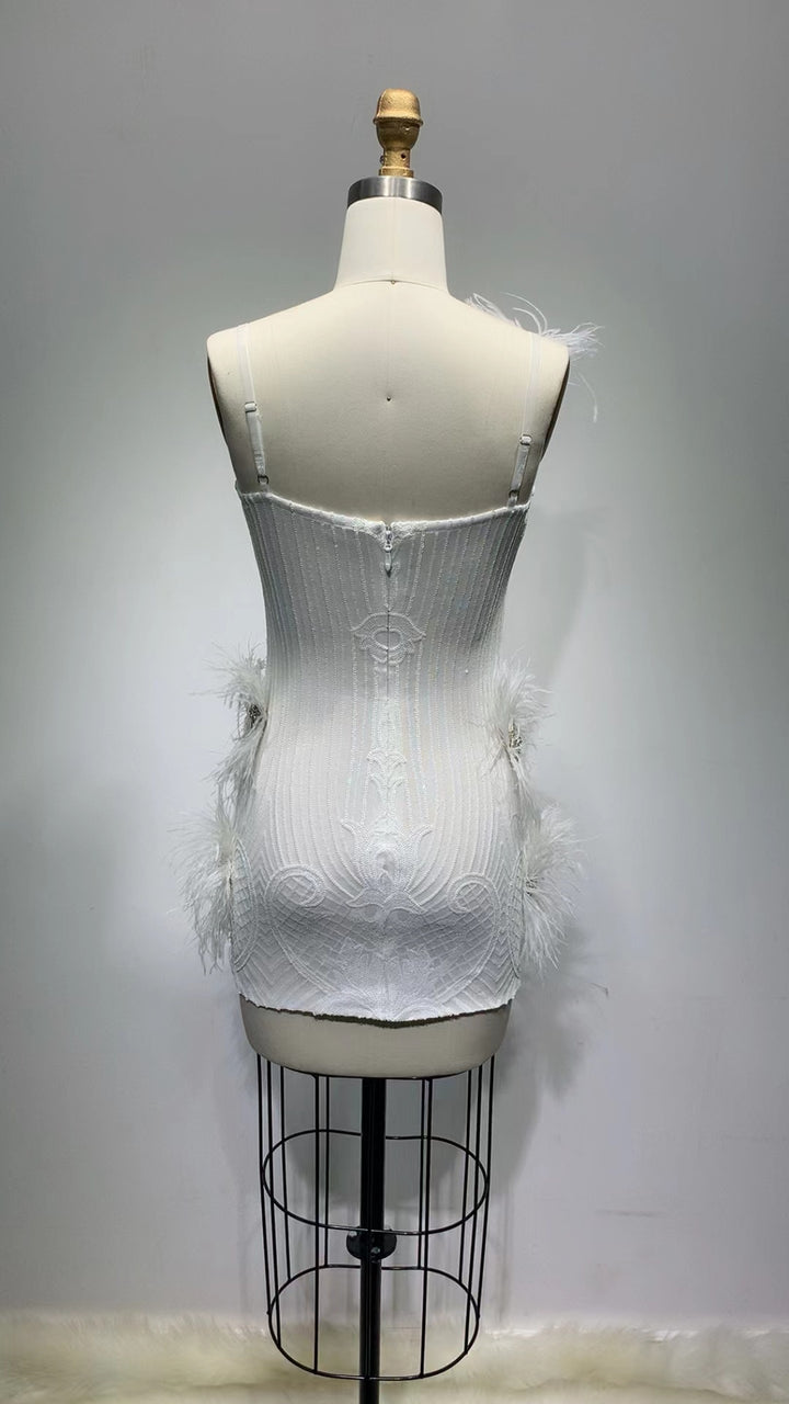 Womens dress spaghetti strap feathers embroidered rhinestone sequin mini