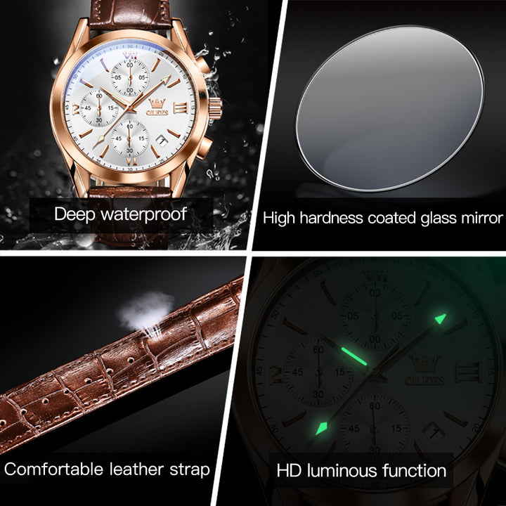 Blu ray glass three eye belt quartz mens watch