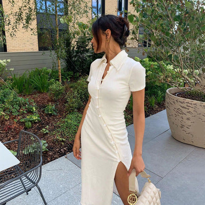 Womens bodycon short sleeve button turn down collar casual split midi