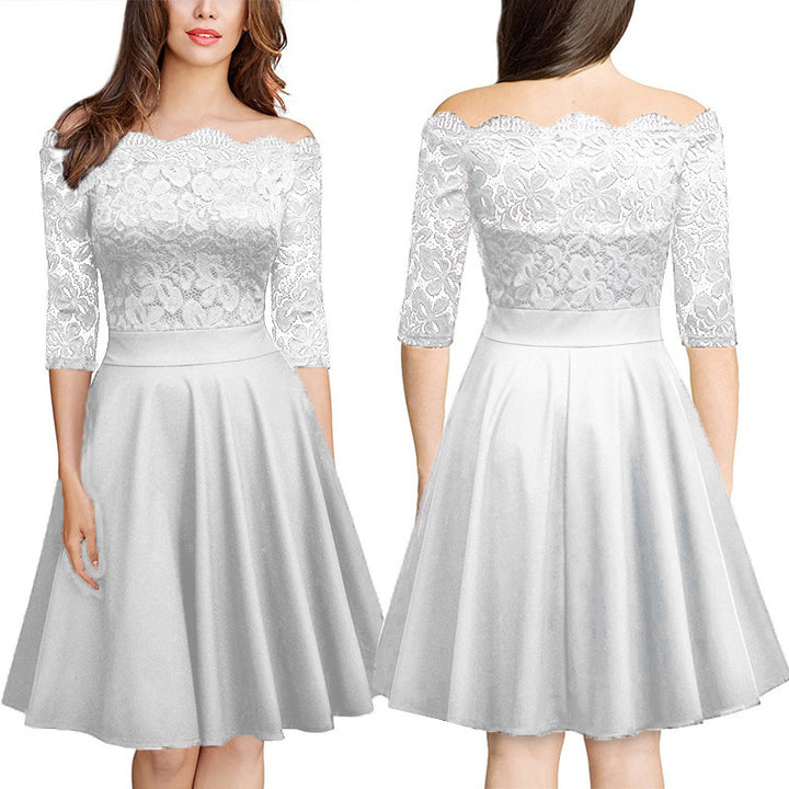 Womens elegant lace off the shoulder dress bridesmaid skater a line party