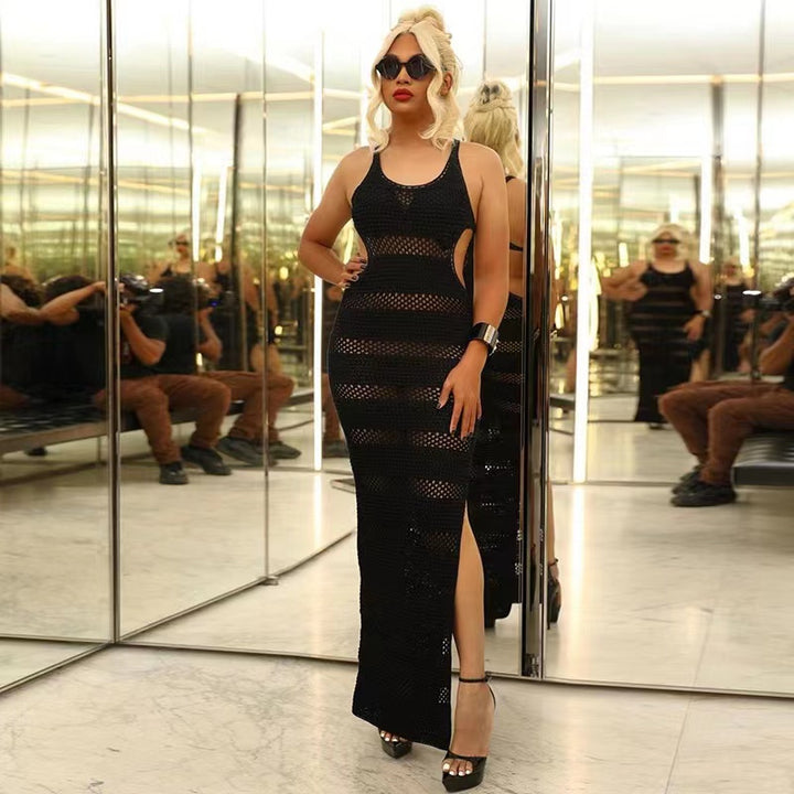 Mesh see through black women dress