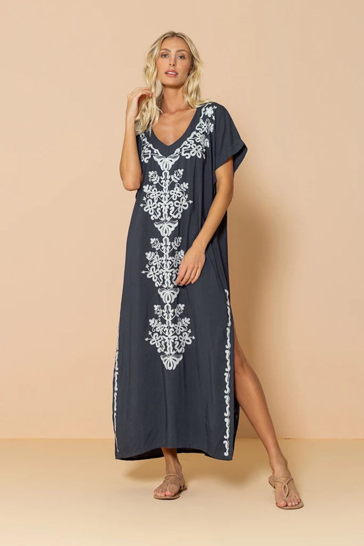 Women Maxi Dress Loose Cover Up Short Sleeve v Neck Side Split