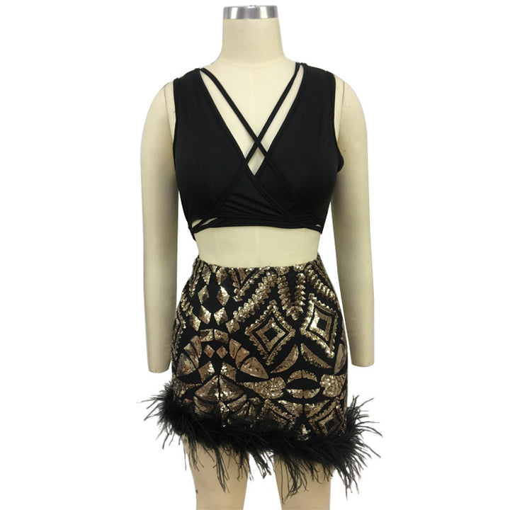 Sequins ostrich feather sleeveless strings womens 2 pc skirt set club dress