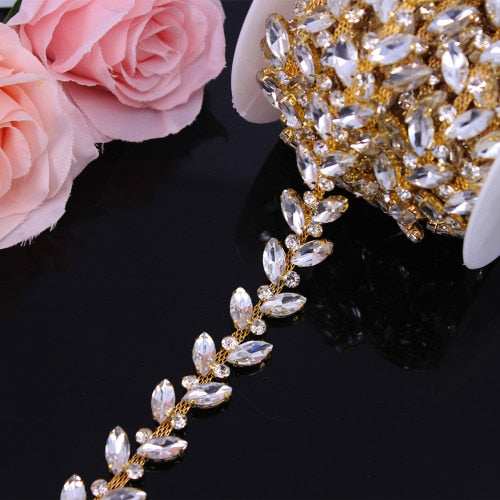 Fancy Rose Gold Fashion Crystal Rhinestone Cup Chain Trimming Bridal Dress Decoration for Wedding Dresses Garment Applique Trim