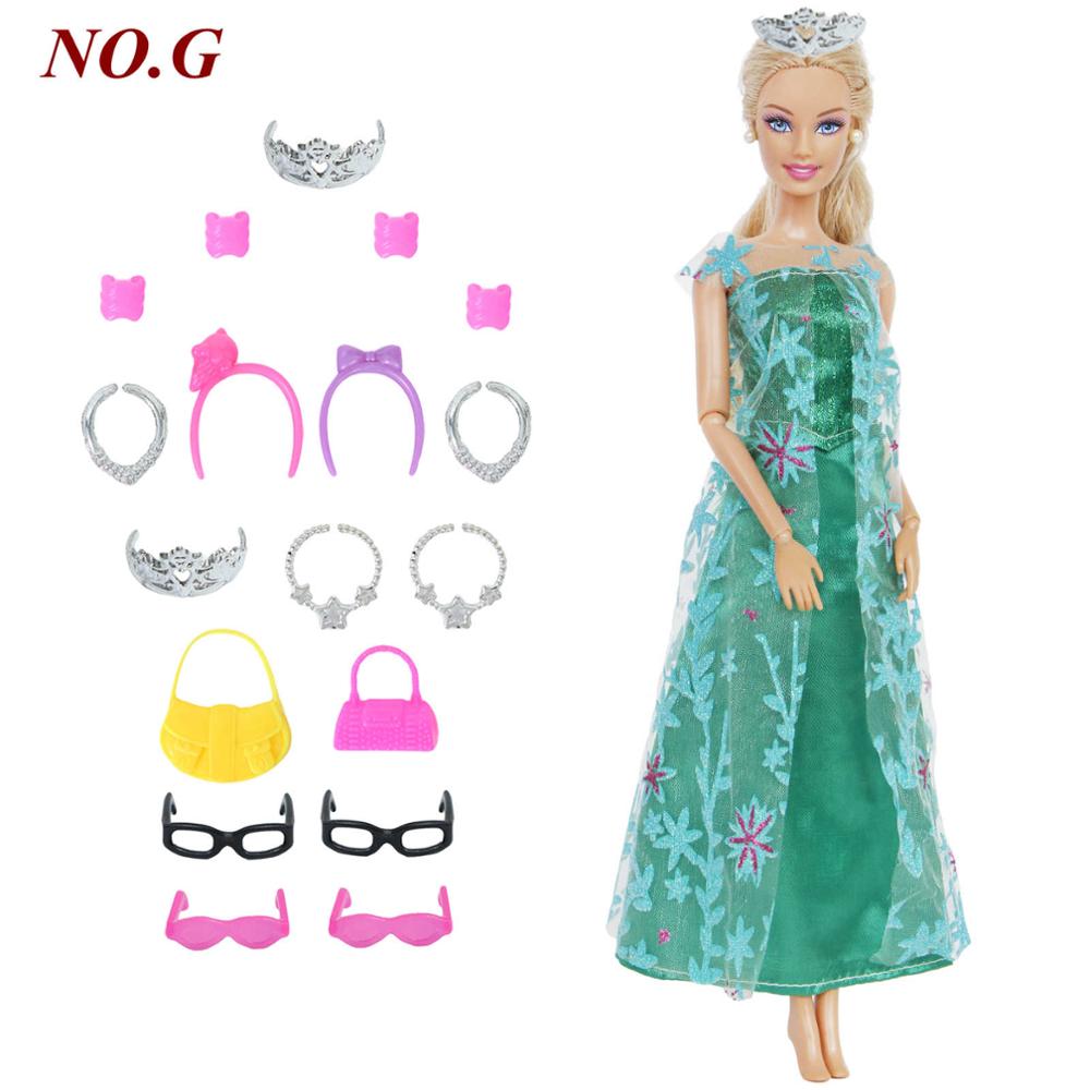 14 Pcs / Lot = 1x Fairy Tale Doll Dress + 13x Random Accessories Shoes Handbag Glasses Clothes for Barbie Doll Baby Girl Toys