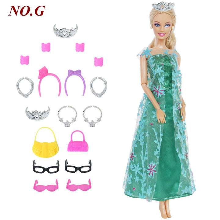 14 Pcs / Lot = 1x Fairy Tale Doll Dress + 13x Random Accessories Shoes Handbag Glasses Clothes for Barbie Doll Baby Girl Toys