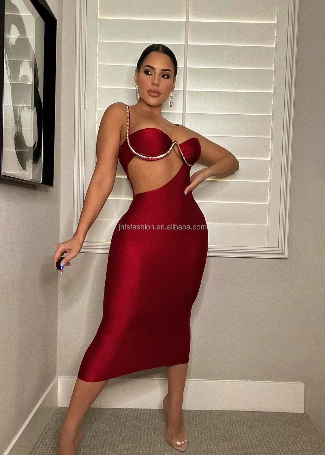 Elegant satin dress rhinestone straps women chic waist cut out bodycon