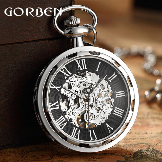 retro watch necklace steampunk skeleton mechanical fob pocket watch roman number clock pendant hand winding men women chain gift