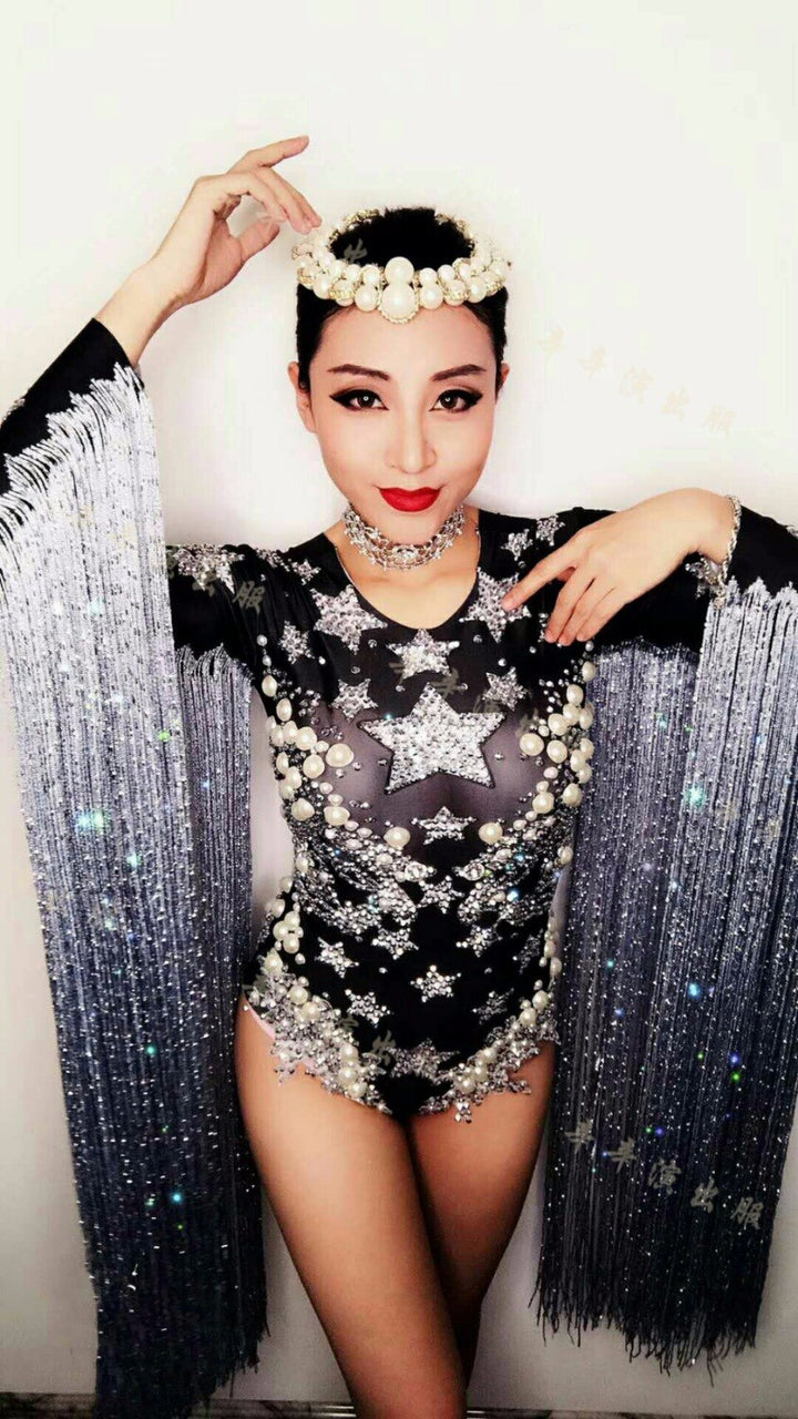 Gray Tassel Crystals Stars Bodysuit Women Stage Dance Fringes Leotard Nightclub Party Female Singer Costume Celebrate Outfit