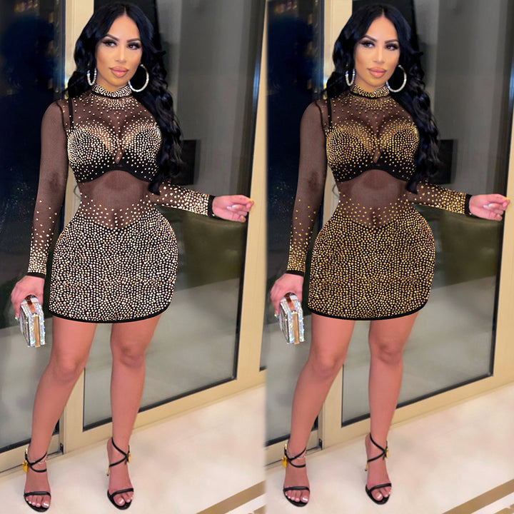 New womens see through mesh long sleeve mini dress luxury rhinestone