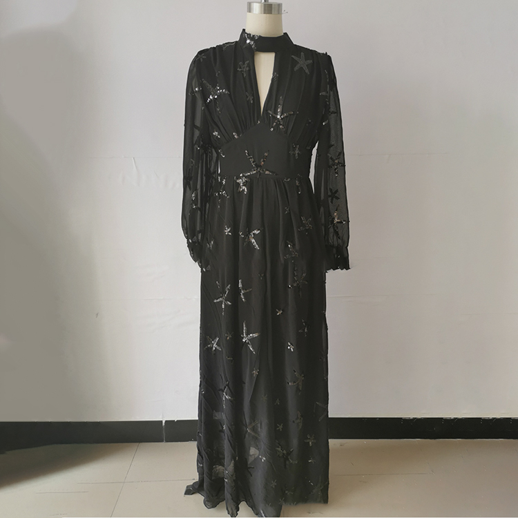 Womens turtleneck tulle party dress high slit sequined maxi long sleeve