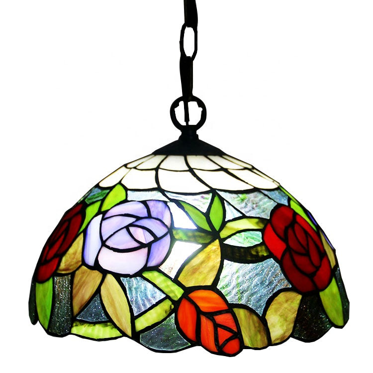 LongHuiJing 1 Light Rose Hanging Chandelier Tiffany Style Red Green Stained Glass Pendant Lamp 12Inch Wide