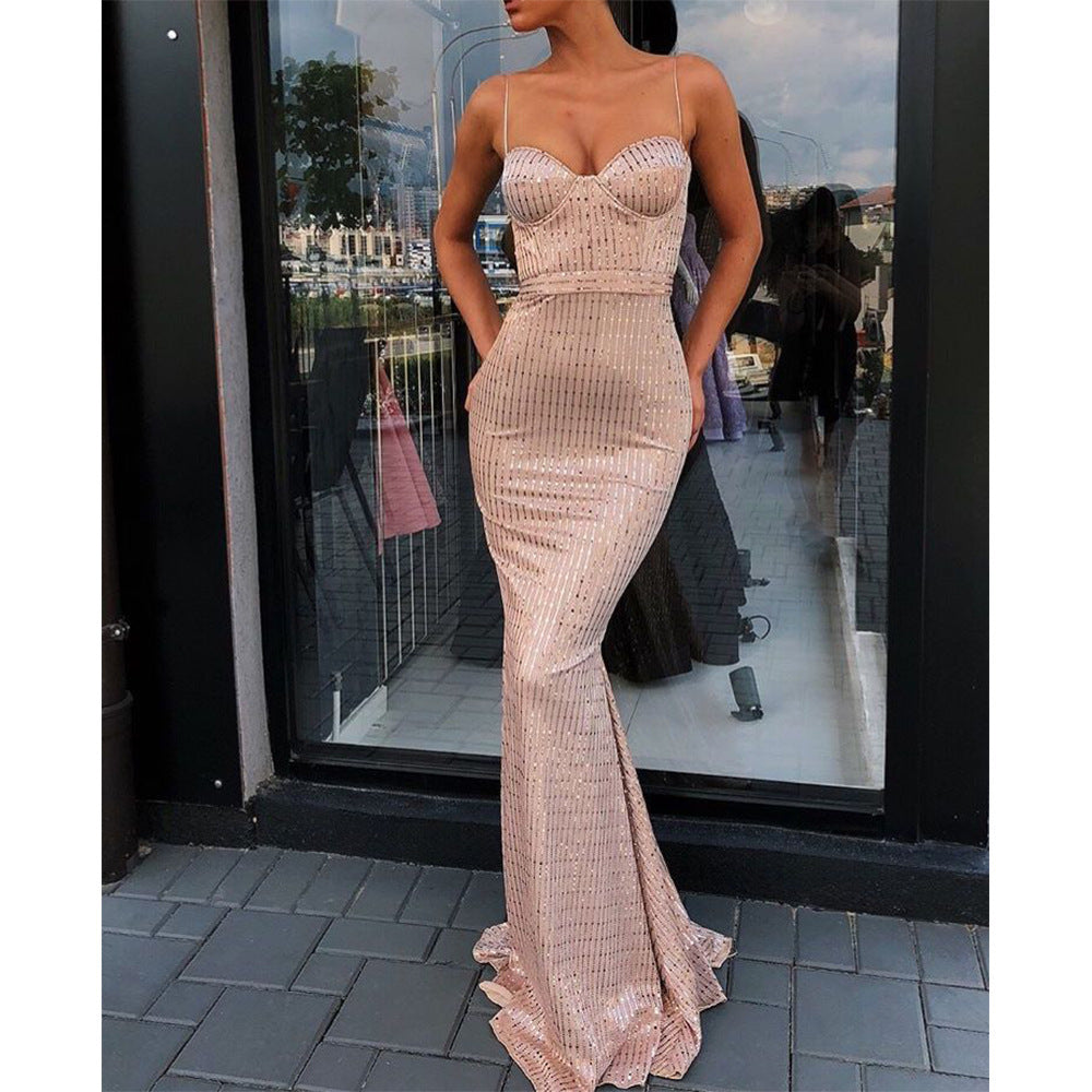 V neck mermaid cocktail dress long sequins sleeveless backless