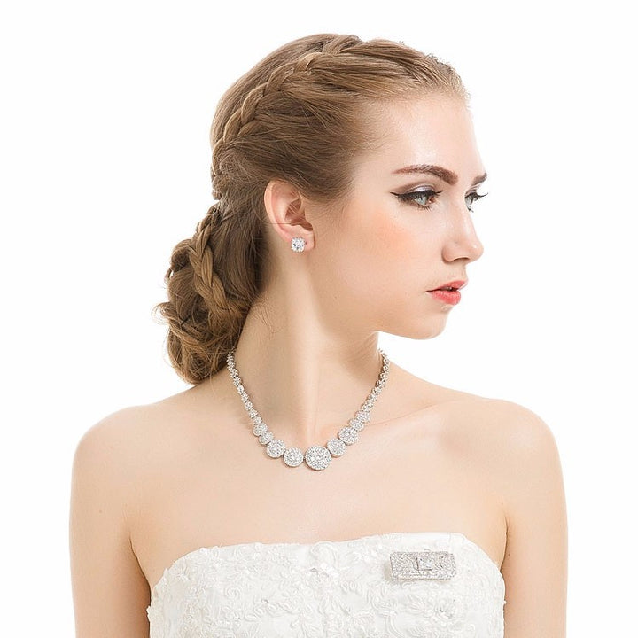 Luxury white gold plated diamond bridal earring necklace jewelry set