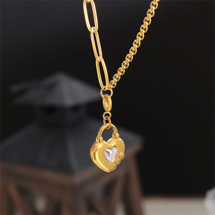 18k gold plated chunky chain button glass crystal heart necklace