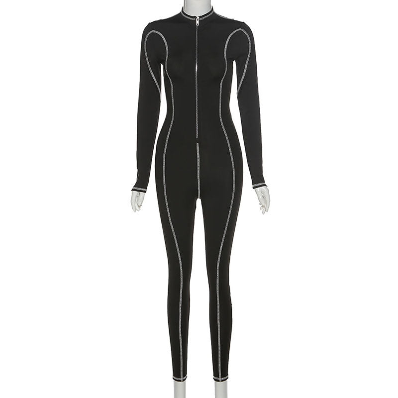 Womens zipper bodycon flatlock seam workout gym jumpsuit long sleeve legging