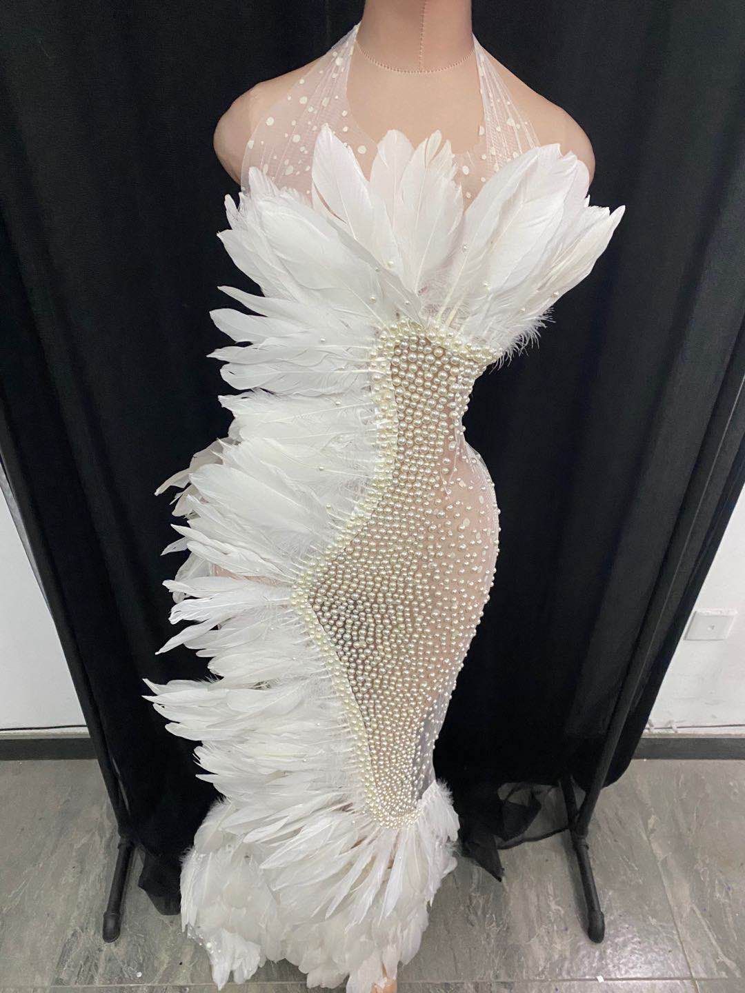 White feathers see through long women stage costume halter rhinestone