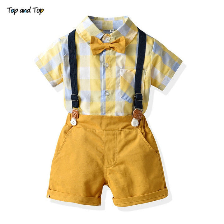 Top and Top Baby Boy Gentleman Clothes Set Toddler Short Sleeve Plaid Bowtie Shirt+Suspender Shorts Formal Newborn Boys Clothes