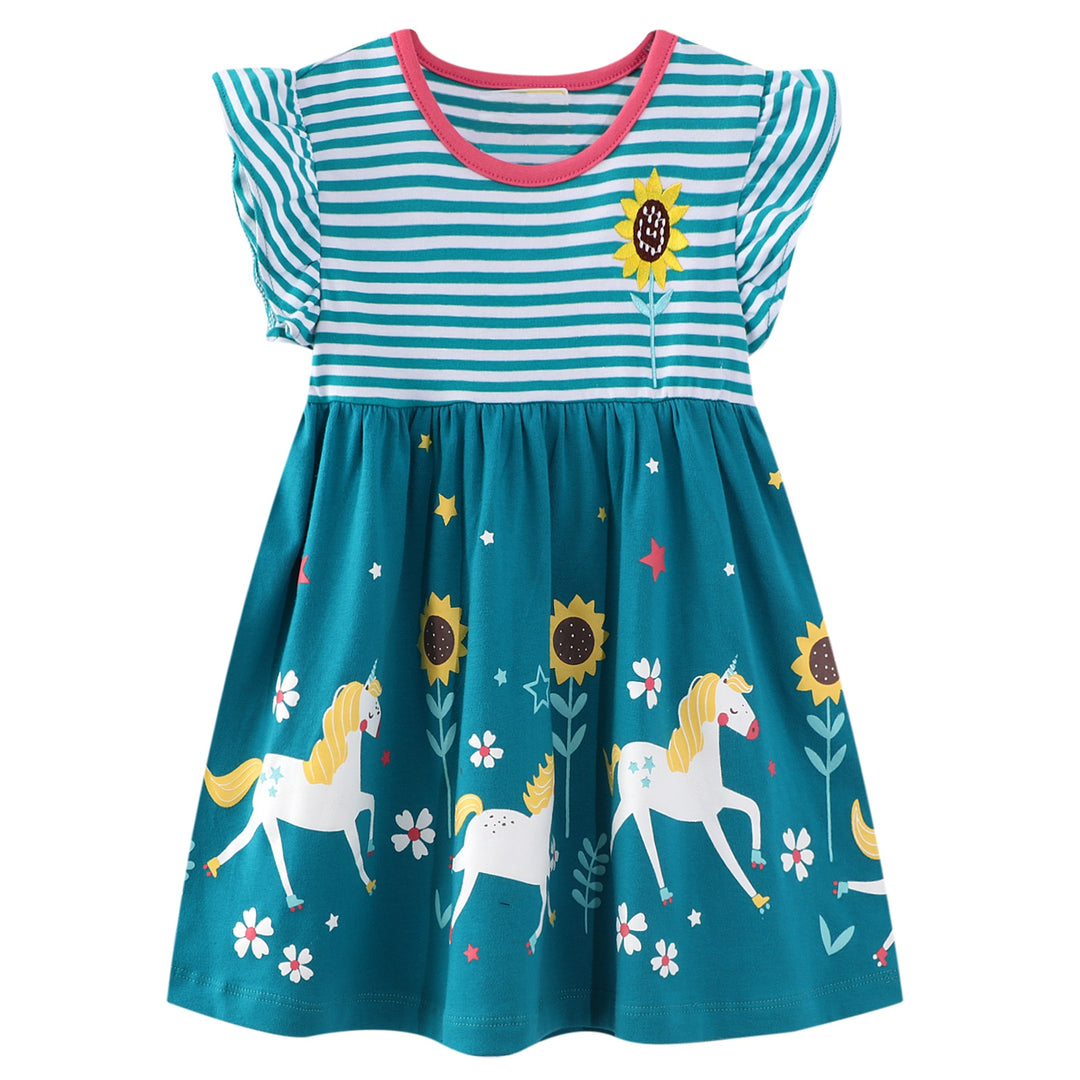 Baby Girl Dress With Animal Applique Vestidos Striped Cotton Kids Unicorn Party Dresses for Girls Clothes Casual Dress 2-7y