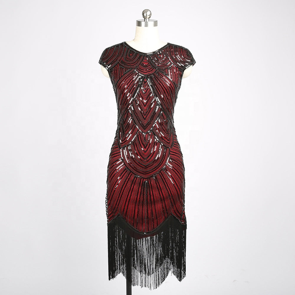 Woman elegant formal evening beaded mini tassel sequined fringed mini dress