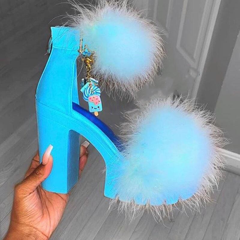 Chunky platform faux fur high heel sandals open toe women fashion luxury