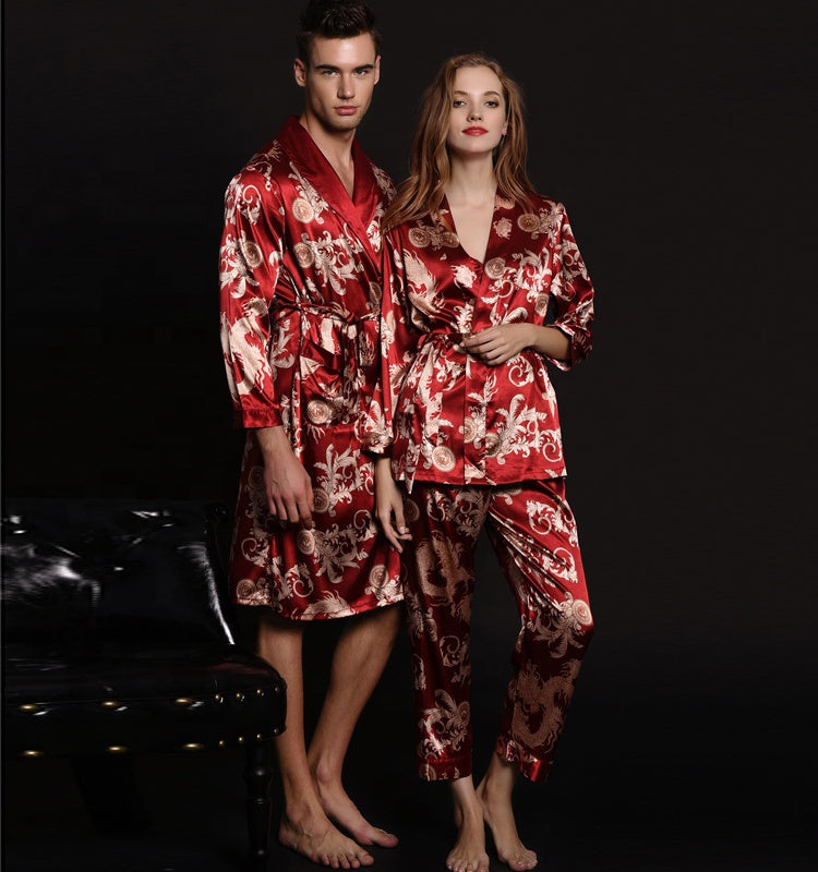 Dragon phoenix print men silk satin couple pajamas sets