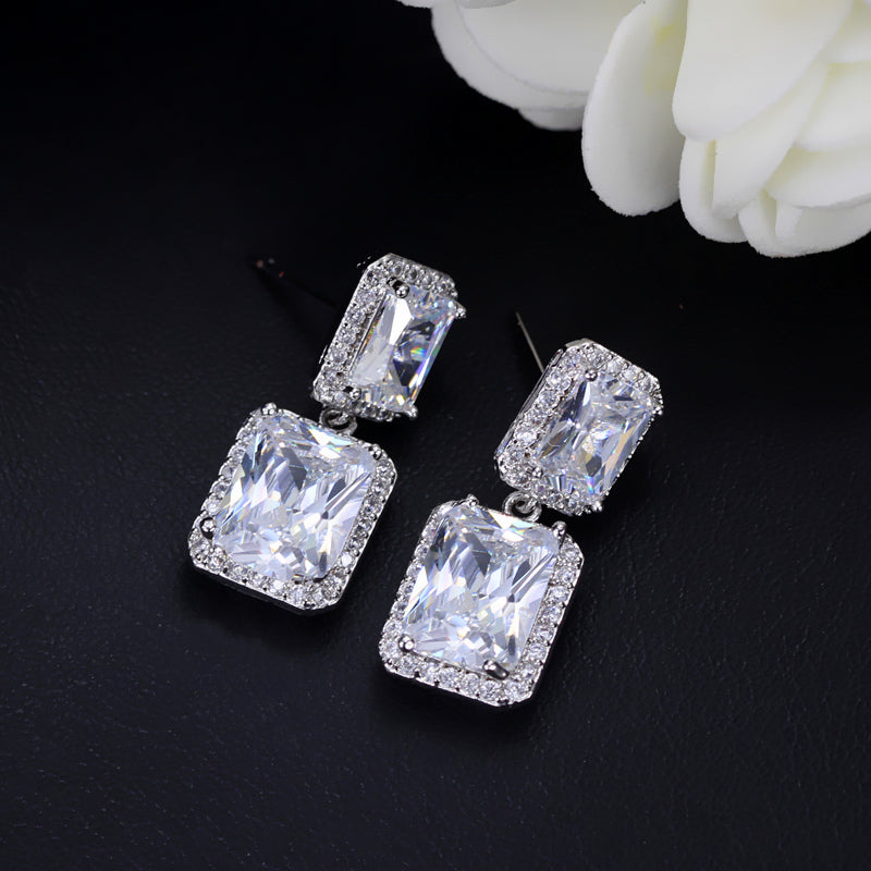 Sparking Double Big Geometric Square Iced Out Cubic Zirconia Crystal Women Wedding Earring for Dinner Party Wear Accessories