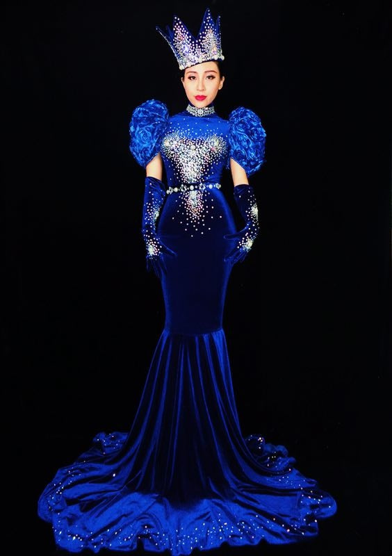 Luxury backless blue velvet pearls crystal wedding mermaid womens evening gown