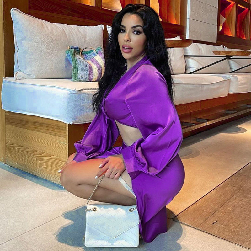 Womens v neck crop top high split skirt set satin 2 pc long sleeve