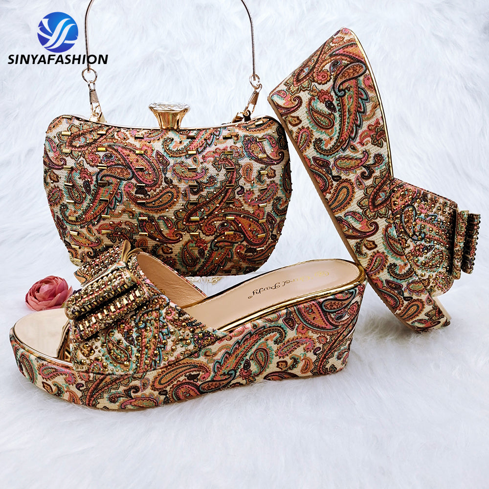 Sinya luxury beads gold italian style ladies matching Apparel & Accessories > Shoes and bags set