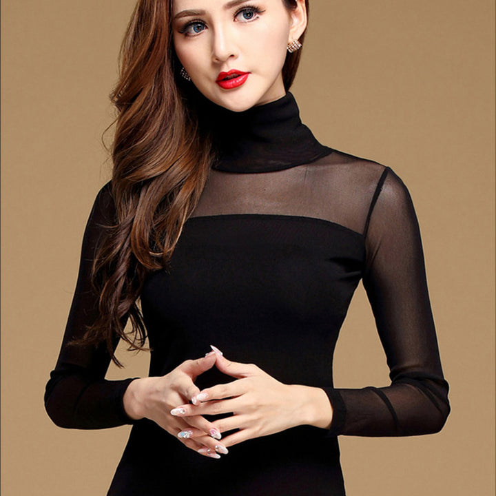 Womens blouse black white casual long sleeve lace under shirts elastic tops