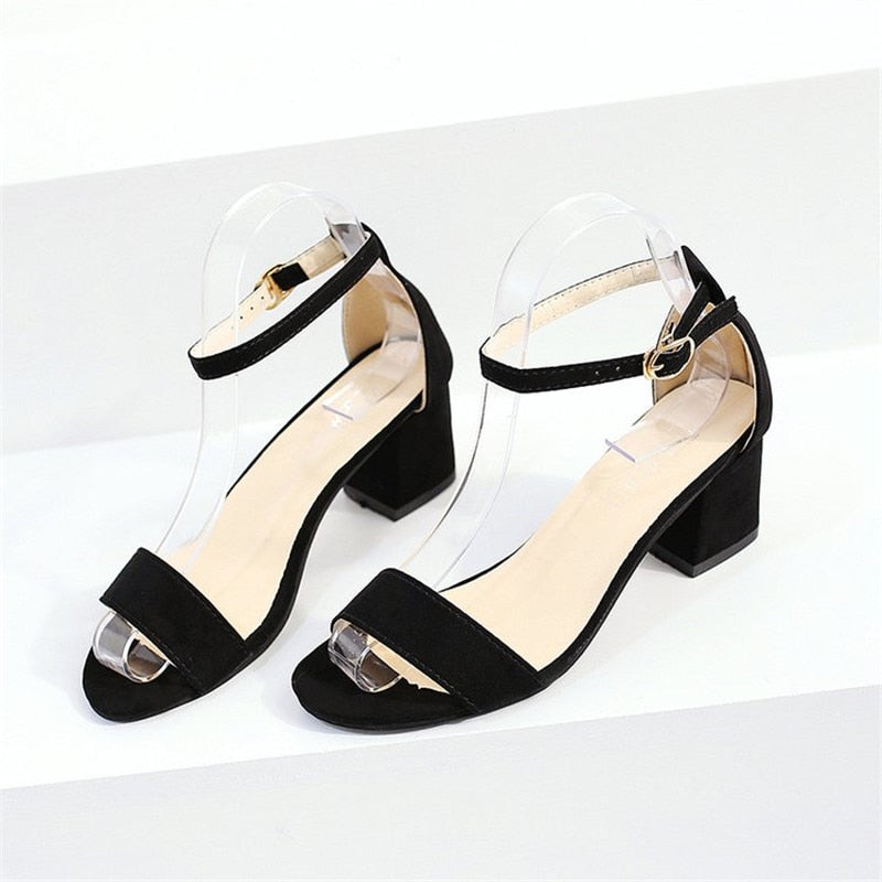 Open toe suede roman square heel high heels Apparel & Accessories > Shoes with word buckle strap