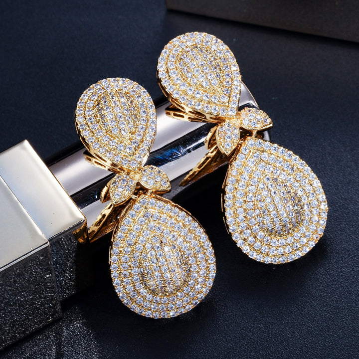 Jewelry micro cz cubic zirconia long golden plated bridal earrings for women