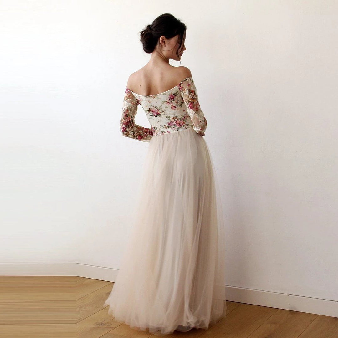 Off-Shoulder Floral and Champagne Tulle Dress  #1176