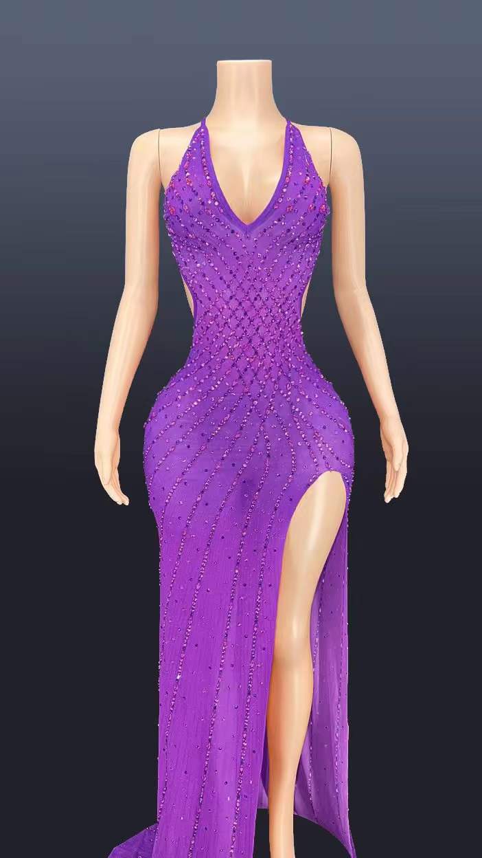 Fashion halter long dress elegant v neck sleeveless rhinestone high slit