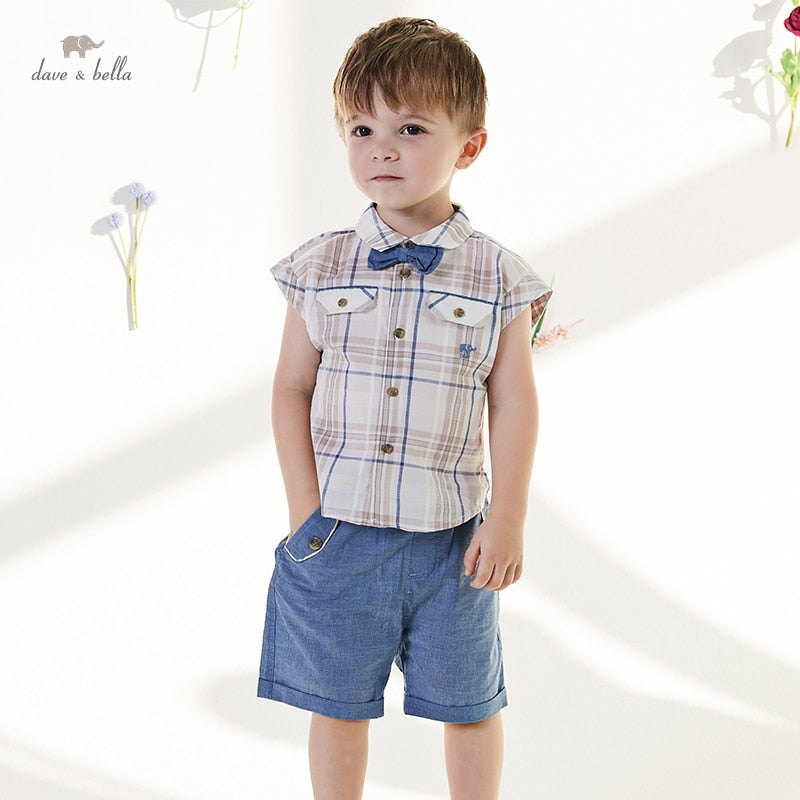 Dave Bella Kids Clothes Boys Set Khaki Plaid Shirt Shorts Kids Outfits Baby Boy Clothes Set Toddler Spring Summer Suit DB2221634