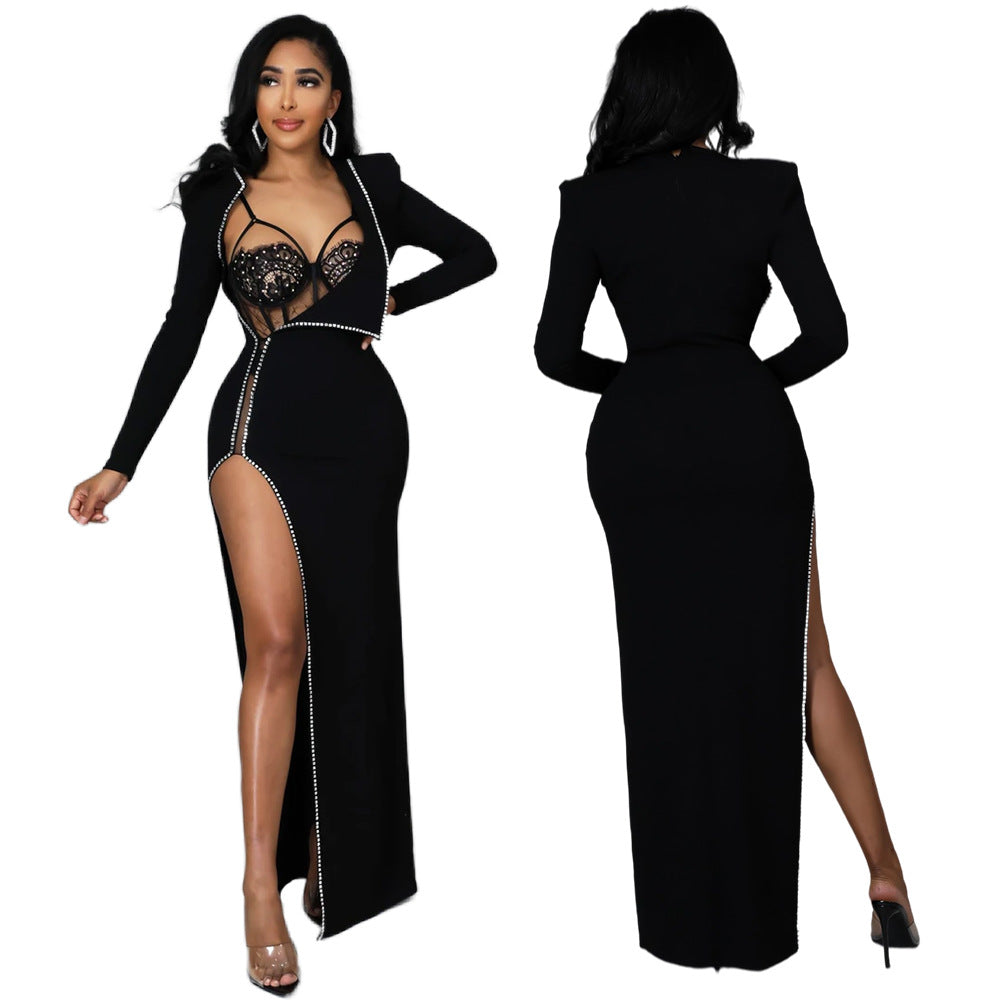 Trendy party wear lace bodysuit long sleeve womens prom dress 2 pc