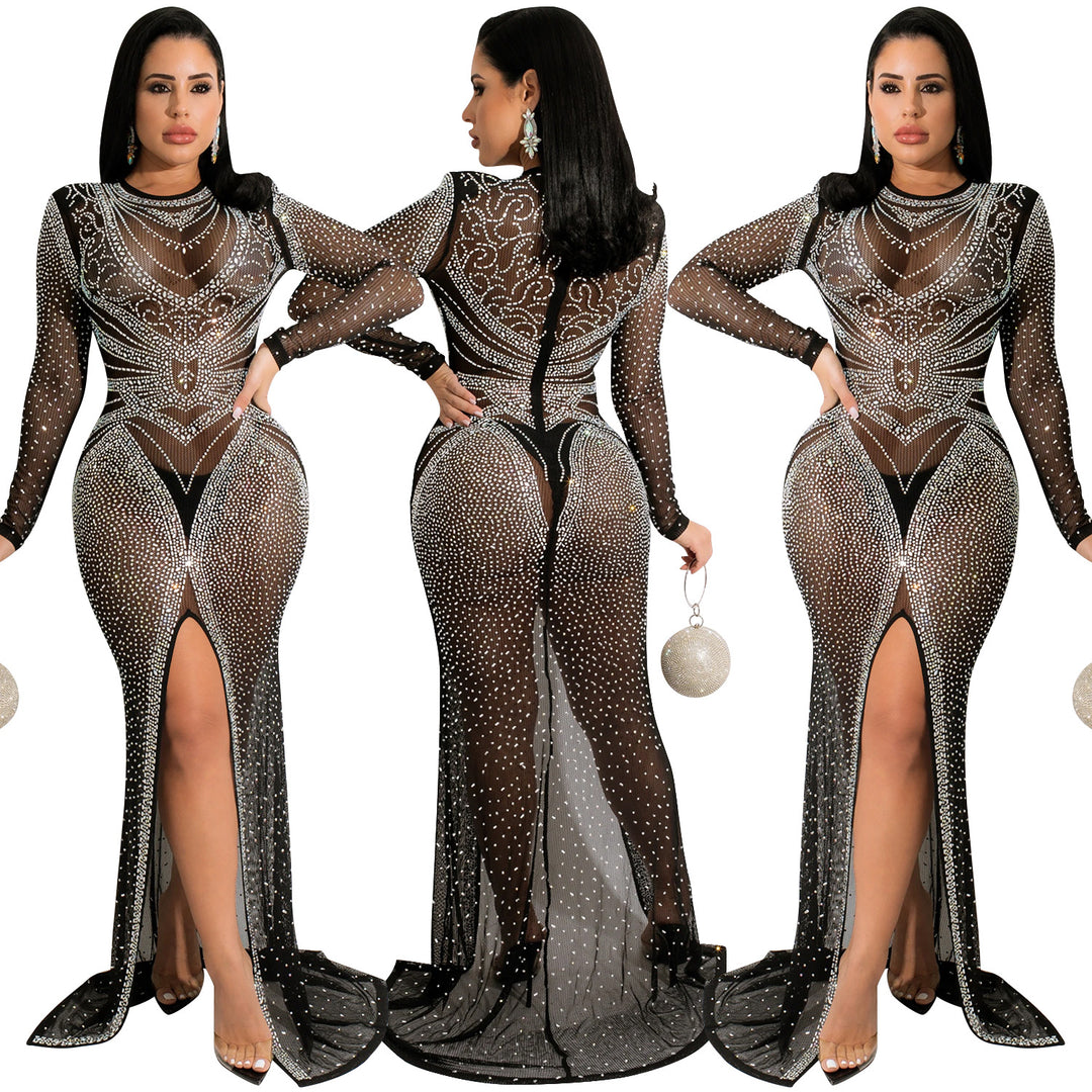 Women see through dress diamond mesh hot drill high slit floor length