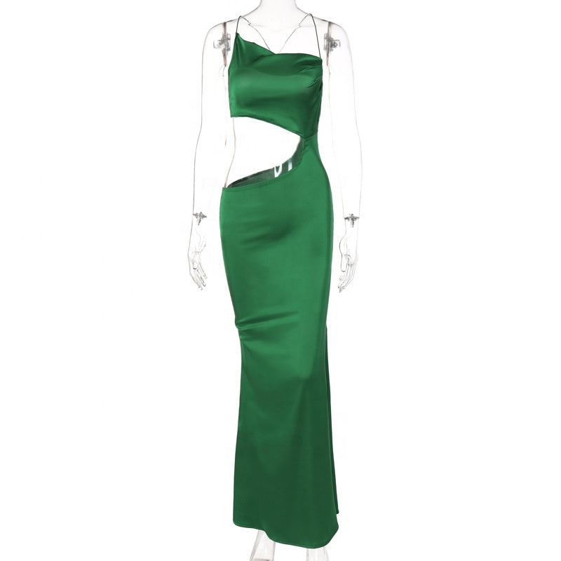 Trendy new ladies elegant spaghetti strap dress hollow waist green long maxi