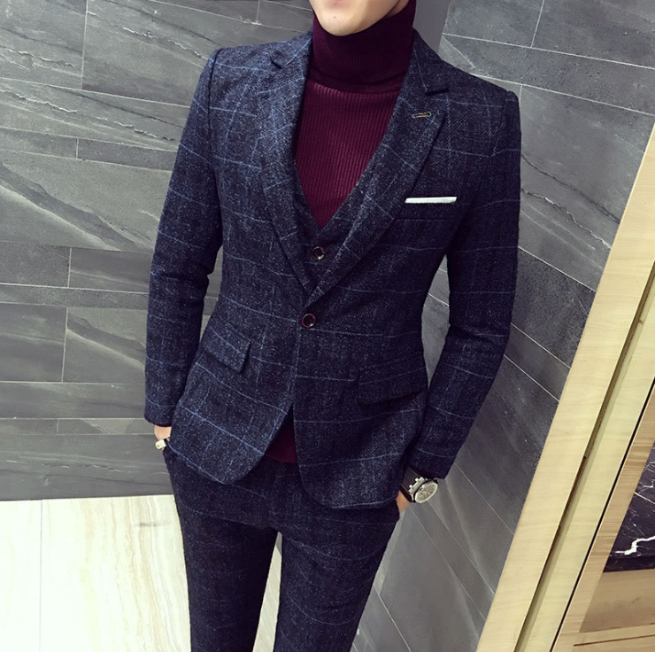 Autumn Winter British Latest Coat Pant Designs Blue Mens Suit Thick Slim Fit Plaid Wedding Dress Tuxedos 3 Piece Suits Men