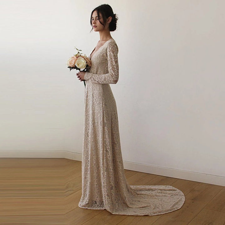 Bestseller Champagne Wrap  Lace Gown With Train #1151