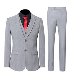 2021 New Men's Three Piece Suit Men's Korean Slim Business Dress Vertical Stripe Side Differential Two Buttons