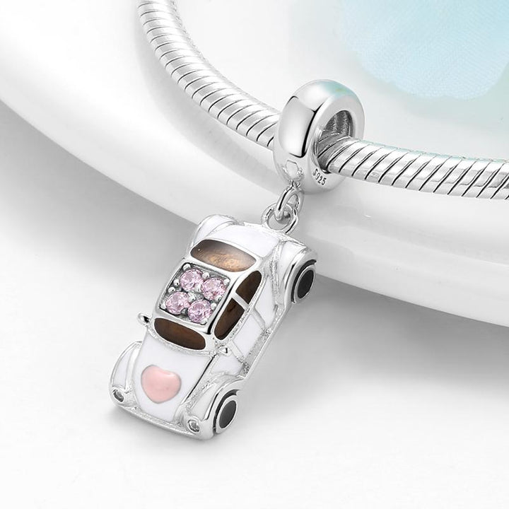 Real 925 Sterling Silver Small and Cute Car Enamel Blue and White Charms for Bracelets Jewelry Making All-Match Beads Wholesale