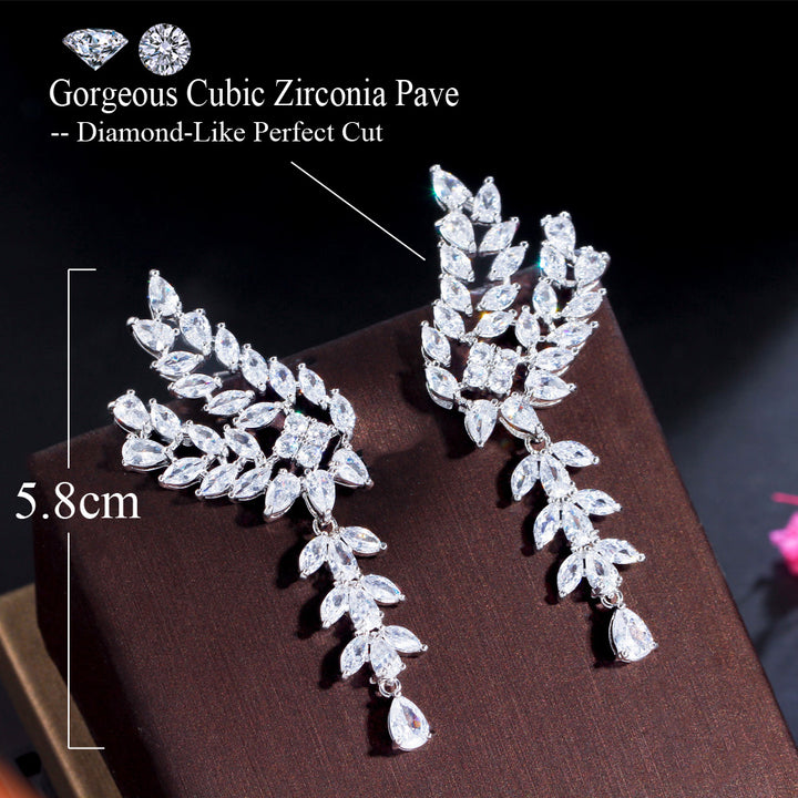 Copper White Silver Women Long Leaf Marquise Cut Cubic Zirconia Earrings