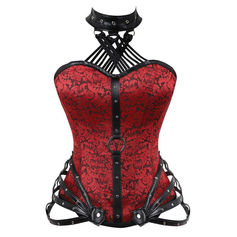 Womens steel boned lace up top zipper jacquard back ribbon corset