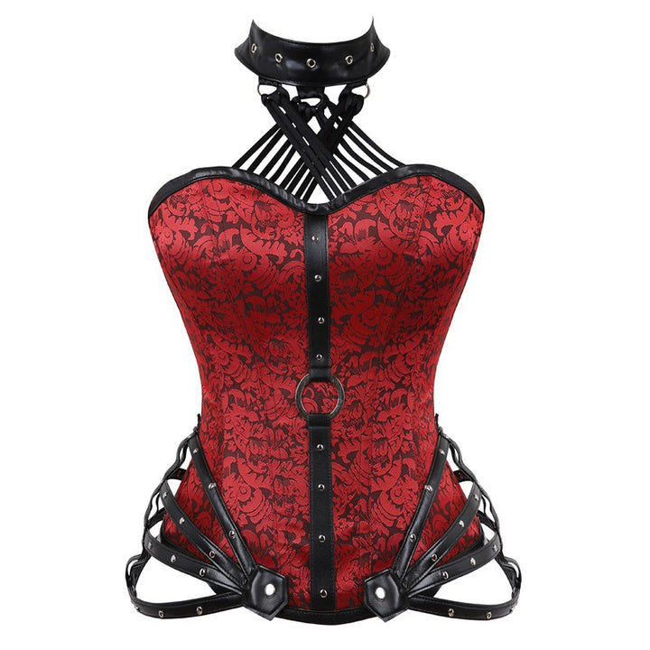 Womens steel boned lace up top zipper jacquard back ribbon corset