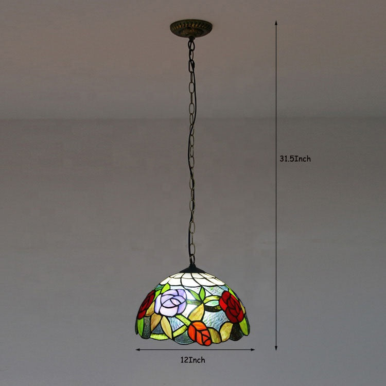 LongHuiJing 1 Light Rose Hanging Chandelier Tiffany Style Red Green Stained Glass Pendant Lamp 12Inch Wide