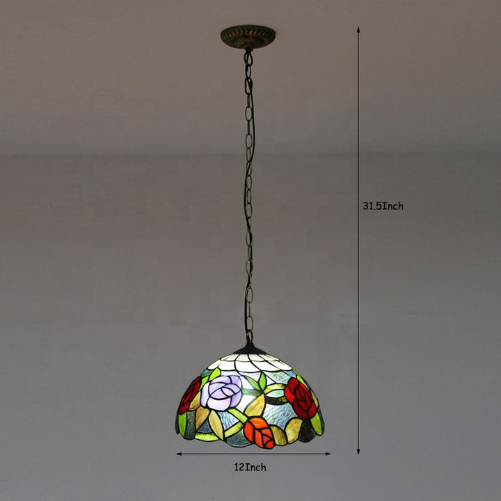 LongHuiJing 1 Light Rose Hanging Chandelier Tiffany Style Red Green Stained Glass Pendant Lamp 12Inch Wide